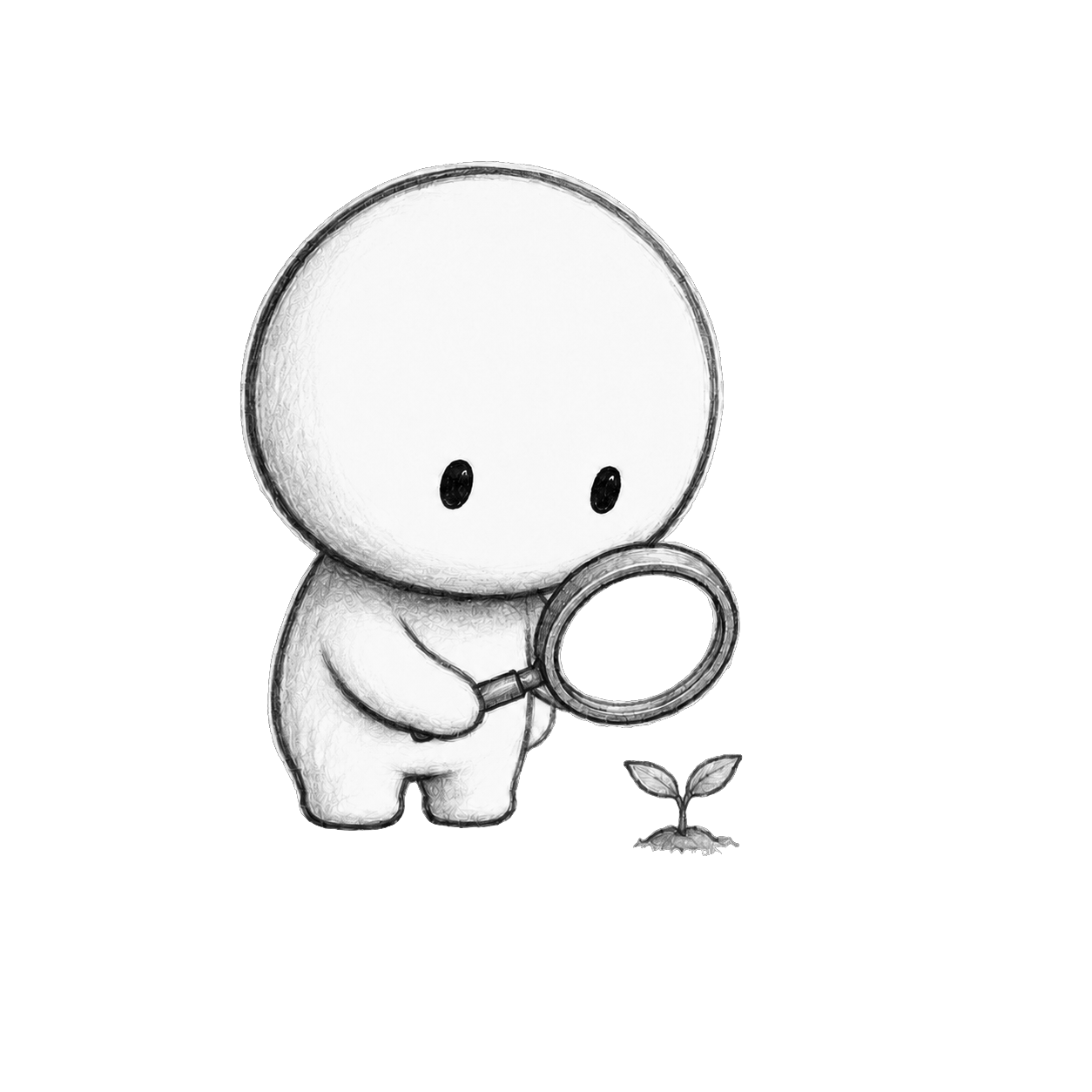 Kanso looking closely at a new idea with a magnifying glass